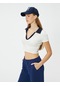 Koton Polo Yaka Crop Tişört Renk Kontrastlı Kısa Kollu Slim Fit Ekru 4sal10812ık