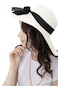 Kadın Beyaz Fiyonk Detaylı Geniş Hasır Şapka-26153 - Std