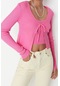 Kadın Modern Tarz Slim V Yaka Crop Triko Takım Pembe