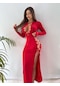 Kırmızı Mikro Kumaş İp Dekolteli Maxi Elbise
