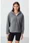 Tommy Life Gri Melanj Kalın Yumuşak Dokulu Kapüşonlu Oversize Nakışlı Polar Kadın Sweatshirt -97286 Gri Melanj