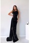 İnce Askılı Kuyruk Detay Kadife Siyah Uzun Kadın Abiye Elbise