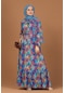 Palmiye Desenli Kuşaklı Tesettür Elbise-mavi-2219 - Kadın