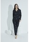 Elitol Kadın Düğmeli Deseni Pijama Takımı Gömlek Yaka 958- Siyah