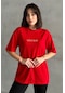 Kadın Vintage Baskılı Bisiklet Yaka Oversize T-shirt Kırmızı