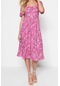 Moda Regular Casual Günlük Shally Dokuma Kalp Yaka Kısa Kol A-line Midi Boy Elbise Pembe