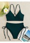 Kadın Ayrı Yaz Düz Renk V Yaka Bikini Yüksek Bel Tanga Takım Koyu Yeşil