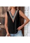 Kadın Yaz Dantel Bluzlar V Yaka Kazak Gömlek Kolsuz Tank Top Siyah