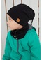 Erkek Bebek Çocuk İp Detaylı Şapka Bere Boyunluk Takım Rahat %100 Pamuklu Kaşkorse-7188 - Siyah