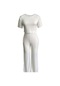 İkkb Kadın Çizgili Düz Renk Günlük Takım Elbise Kırık Beyaz