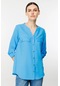 Ekol Kadın Sıfır Yaka Düğmeli Uzun Kollu Bluz 1034 Mavi