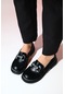 Luvishoes Norman Siyah Cilt Taş Tokalı Kadın Loafer Ayakkabı