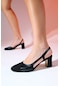 Luvishoes S3 Siyah- Siyah Kadın Burnu Kapalı Kalın Topuklu Sandalet