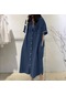 Kısa V Yaka Polyester Denim Görünümlü Elbise Koyu Mavi