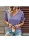 Kadın Kısa Kollu Düğmeli V Yaka Yazlık T-shirt Mavi