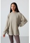 Tommy Life Koyu Bej Balon Kol Yazı Nakışlı Kadın Oversize Tunik Sweatshirt - 97163 Koyu Bej