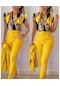 Bayanlar Yeni Günlük Moda İnce Baskılı Lotus Kollu Düz Renk Takım Elbise Sarı