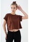 Maraton Sportswear Comfort Kadın Bisiklet Yaka Kısa Kol Basic Kahverengi Crop Top 20856 Kahverengi