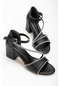 Kalın Tekbant Çapraz Taşlı Baretli Siyah Siyah Kadın Kısa Topuklu Abiye Sandalet-2766-siyah