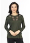 Yeni Model Nakış İşlemeli Yuvarlak Yaka Likralı Anne Penye Bluz 6440-haki Yeşili