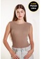 Kadın Vizon Fitilli Likralı Sıfır Kol Bisiklet Yaka Örme Atlet Tshirt Bluz Vizon