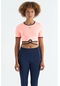 Tommy Life Yavruagzı Bel Bağlama Detaylı O Yaka Standart Kalıp Dalgıç Kumaş Kadın Crop T-shirt - 97266 Yavruağzı