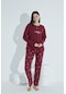 Elitol Kadın Düğmeli Desenli Pijama Takımı Yazılı 960- Bordo