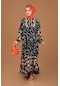 Şal Desenli Yarım Düğmeli Elbise-siyah-2243 - Kadın