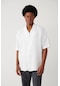 Erkek Beyaz Apaj Yaka %100 Keten Kısa Kol Oversize Fit Gömlek A41y2209