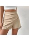 Açık Mavi Kadın Yaz Şort Yüksek Bel Asimetrik Pilili Düğme Dekor Düz Renk Slim Fit Yumuşak Karın Kontrol Diz Üstü Mini Şort