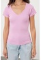 Moda Kalp Yaka Örme Fit Düz Desen Casual Günlük Regular Kısa Kol Bluz Pembe