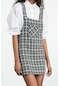Moda Stil Fitted Kare Yaka Mini Boy Dokuma Ekose Desenli Jile Elbise Bej