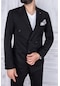Erkek Slim Fit Sivri Yaka Yarım Astar Kruvaze Takım Elbise-284 - Siyah