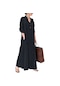 2024 Kadın Pamuk Ve Keten Düz Renk Yaka Uzun Kollu Cep Basit Gevşek Günlük Uzun Gömlek Elbise - Lacivert