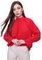 Kadın Kırmızı Yaka Büzgülü Kol Lastikli Bluz-20667-kırmızı