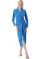 Kadın Mavi Şal Yaka Önü Büzgülü Elbise-27005-mavi