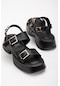 İki Bant Klipsli Kalın Taban Siyah Kadın Dolgu Topuk Sandalet-3005-siyah