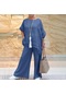 Tuomeng Kadın Pamuk ve Keten Moda Asimetrik Uzun Kollu Set - Mavi