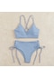 Kadın Ayrı Yaz Düz Renk V Yaka Bikini Yüksek Bel Tanga Takım Gök Mavisi
