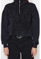 Kadın Crop Fermuarlı Yaka Düşük Kol Crop Eskitme Kalın İçi Polarlı Rahat Kesim Crop Örme Sweatshirt Antrasit