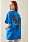 Xhan Mavi Bisiklet Yaka Arkası Baskılı Oversize T-shirt 5yxk1-48