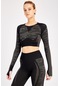 Maraton Active Slimfit Kadın Bisiklet Yaka Uzun Kol Fitness Siyah Crop Top 816013 SIYAH