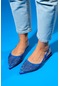 Luvishoes Bonjour Sax Mavi Saten Fileli Taşlı Kadın Babet Ayakkabı