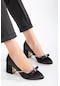 Fiyonk Taş Detaylı Saten Siyah Büyük Numara Kadın Ayakkabısı Topuklu-2568-siyah