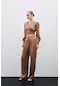 Pileli Saten Krep Pantolon - Camel-135695 Camel