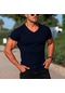Lacivert Su Erkek Casual Slim Fit Temel Kısa Kollu Moda Tişört V Yaka Yaz Üst