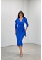Krep Kumaş Puantiye Detaylı Kalem Elbise - Saks Mavi