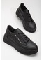 Kalın Taban Tek Sıra Taşlı Bağcıklı Siyah Kadın Spor Ayakkabı-2849-siyah