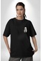 Beyaz Kaplan Siyah Oversize Unisex Ön Sol Yan Minimal Baskılı Tişört Koyu Siyah