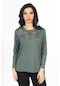 Yeni Model Nakış İşlemeli Yuvarlak Yaka Likralı Anne Penye Bluz 6440-mint Yeşili